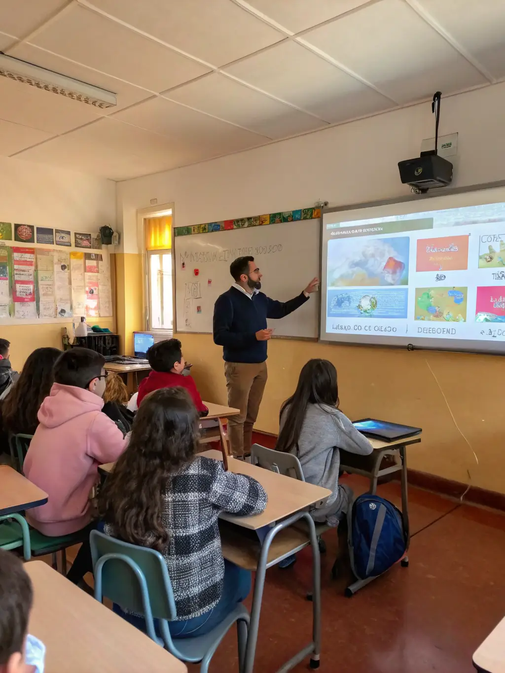 A high-quality photo of a live online UPSC class in progress, showing engaged students and an experienced instructor.