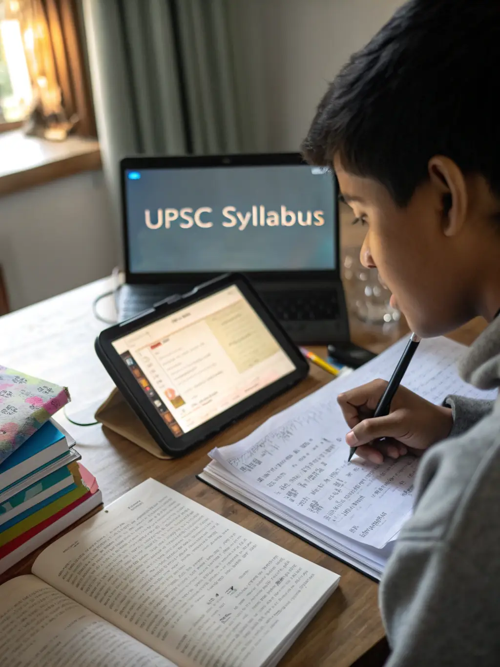 A realistic image of a student taking a mock UPSC exam on a computer, simulating the actual exam environment.
